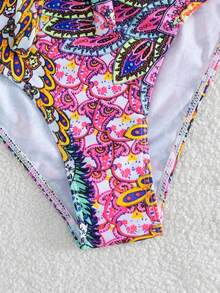 Swim Lushoire 新款女士波西米亚佩斯利印花挂脖比基尼套装，两件式彩色曼陀罗泳装，活力孔雀羽毛印花比基尼套装，粉色、蓝色、白色和绿色交织的缤纷设计比基尼，侧系带性感泳裤，挂脖系带比基尼上衣，活力多色沙滩装，加厚聚拢罩杯，夏季度假泳池派对泳装，适合音乐节、热带海岛度假等场合，尽显摩登风情。 - 彩色 - 查看 4