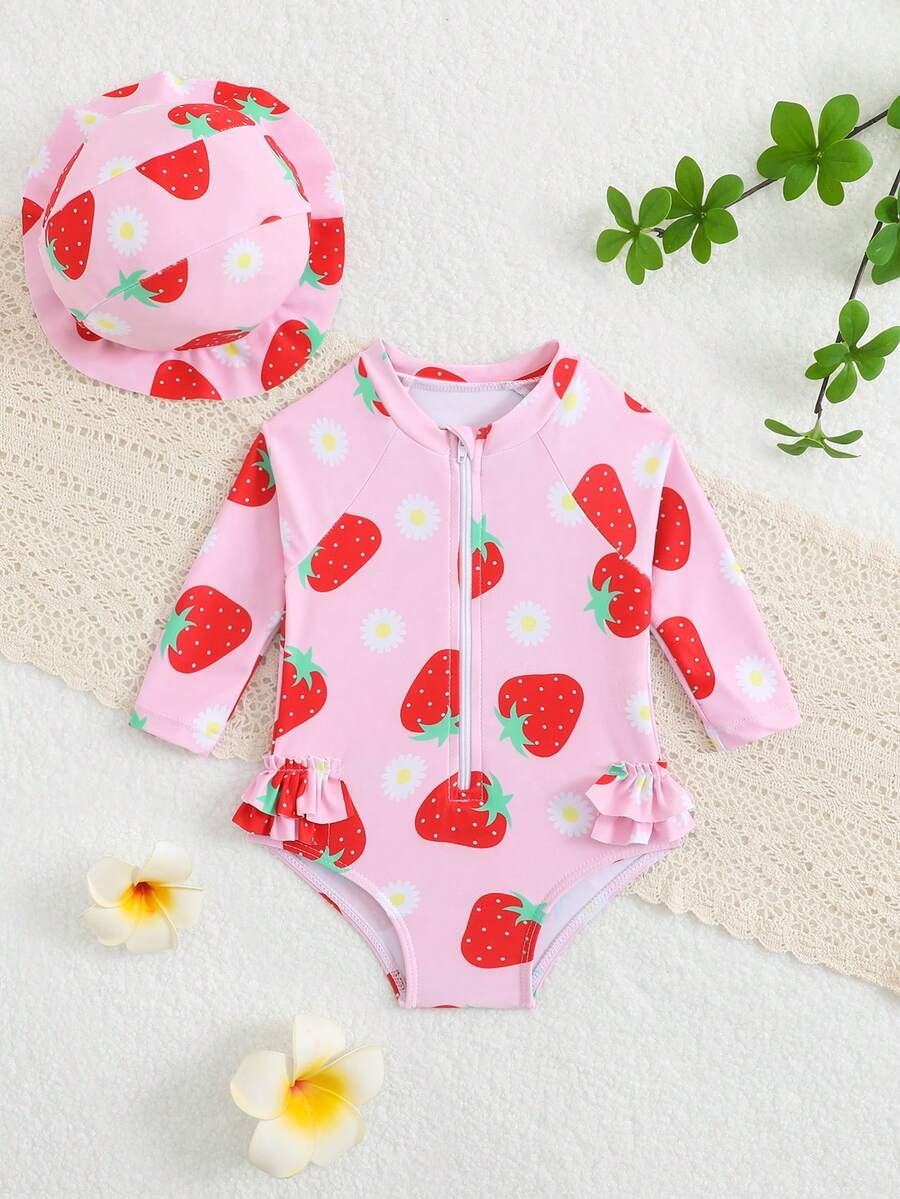 Bộ đồ bơi liền thân dài tay in hoa cho bé gái sơ sinh/trẻ nhỏ, kèm mũ bơi, 2 món. - Hồng - Xem 1
