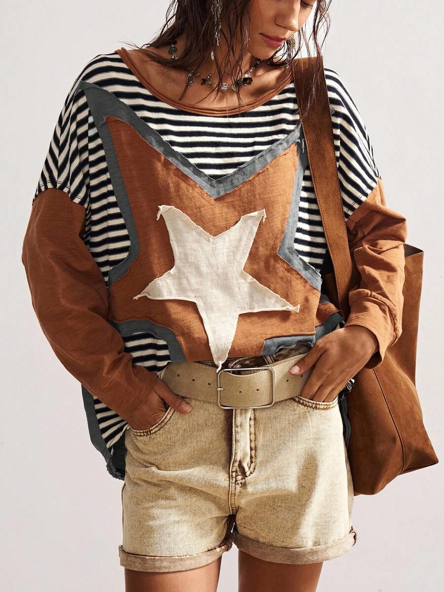 Bohemela 大码女式五角星贴花条纹圆领落肩长袖休闲上衣 - 彩色 - 查看 1