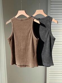 SHEIN EZwear Plus Size Summer Fashion Distressed Crewneck Fitted Tank Top - Khaki - View 2