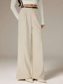 SHEIN Tall Women's Casual Belted Wide Leg Pants, Suitable For Commuting - Beige - View 3