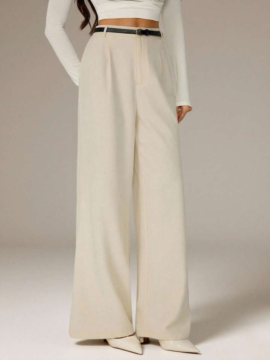 SHEIN Tall 女士休闲系带阔腿裤，适合通勤 - 米色 - 查看 1