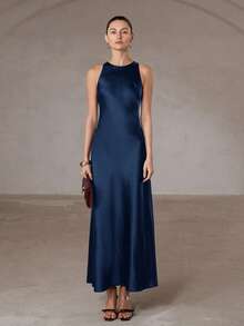 Aveloria Modichic Minimalist Elegant Bias Cut Double-Sided Satin-Like Acetate Fabric A-Line Sleeveless Dress, Flattering - Navy Blue - View 1
