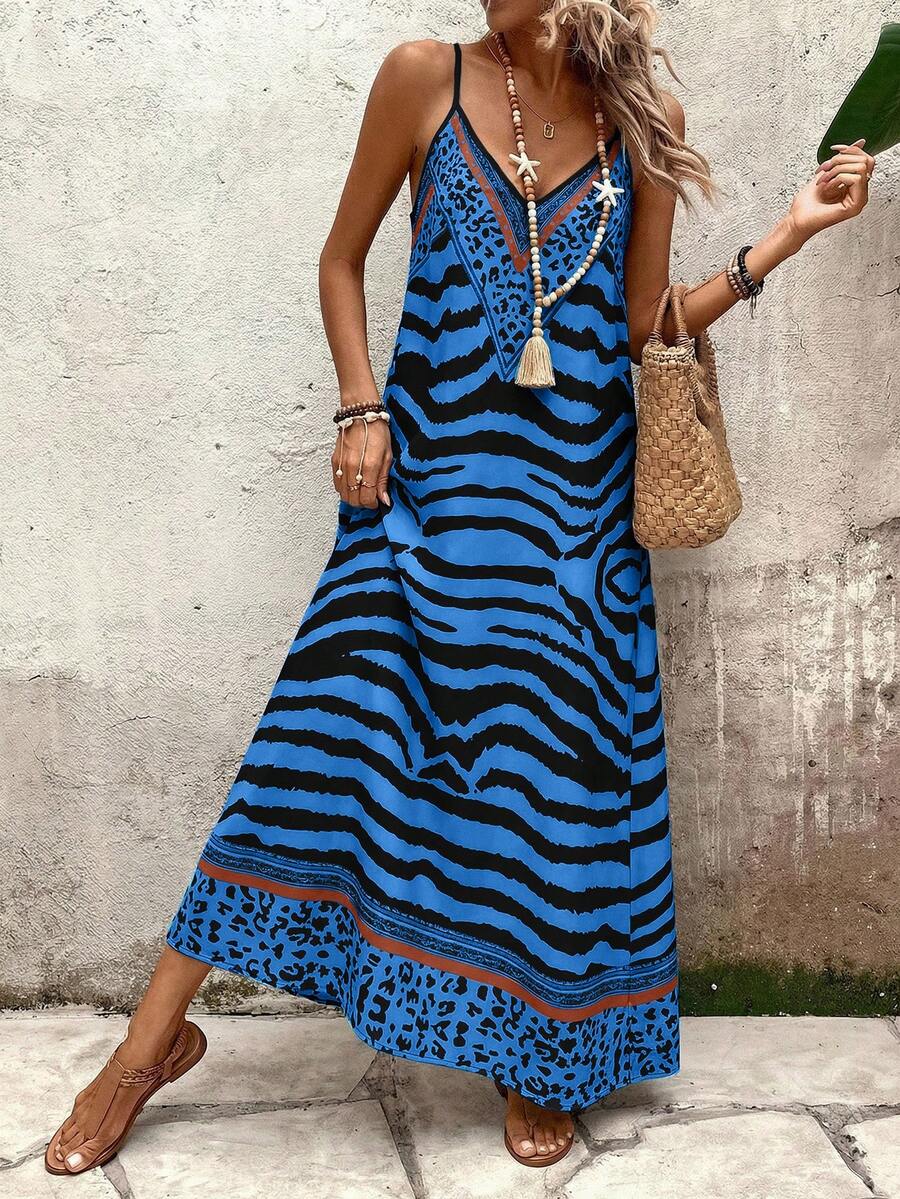 EMERY ROSE Women's Leopard Print Loose Maxi Slip Dress, Elegant For Daily Wear And Summer Vacation - Royal Blue - View 1