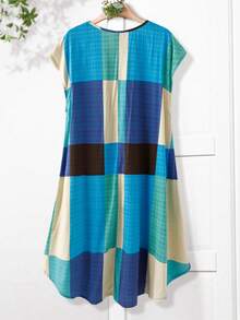 Rusticease Plus Size Women Plaid Round Neck Loose Casual Dress With Dual Pockets Summer Outfits Clothes Spring Outfit Clothing Country Style For - Mint Green - View 2