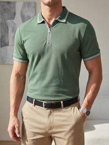 Manfinity Dauomo Men's Fashion Business Casual Vacation Polo Shirt With Collar And Zipper - Army Green - View 3