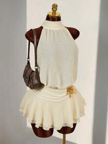 Amplova Vestido mini de mujer con cuello alto, textura de tela transparente y flor 3D en la cintura, de estilo boho romántico para vacaciones - Albaricoque - Ver 7