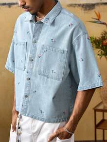 ROMWE MEN Grunge Punk Men's Embroidered Casual Short Sleeve Denim Shirt - Blue - View 9