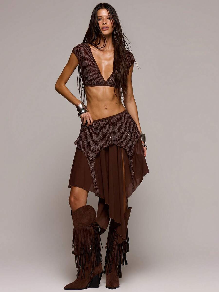 MUSERA Chân váy midi xếp ly bất đối xứng bằng vải lưới đính sequin, gợi cảm cho mùa xuân hè, hẹn hò, đi club, lễ hội, kỳ nghỉ, du lịch, trang phục mùa xuân, Soul Ties. - Cà phê nâu - Xem 1