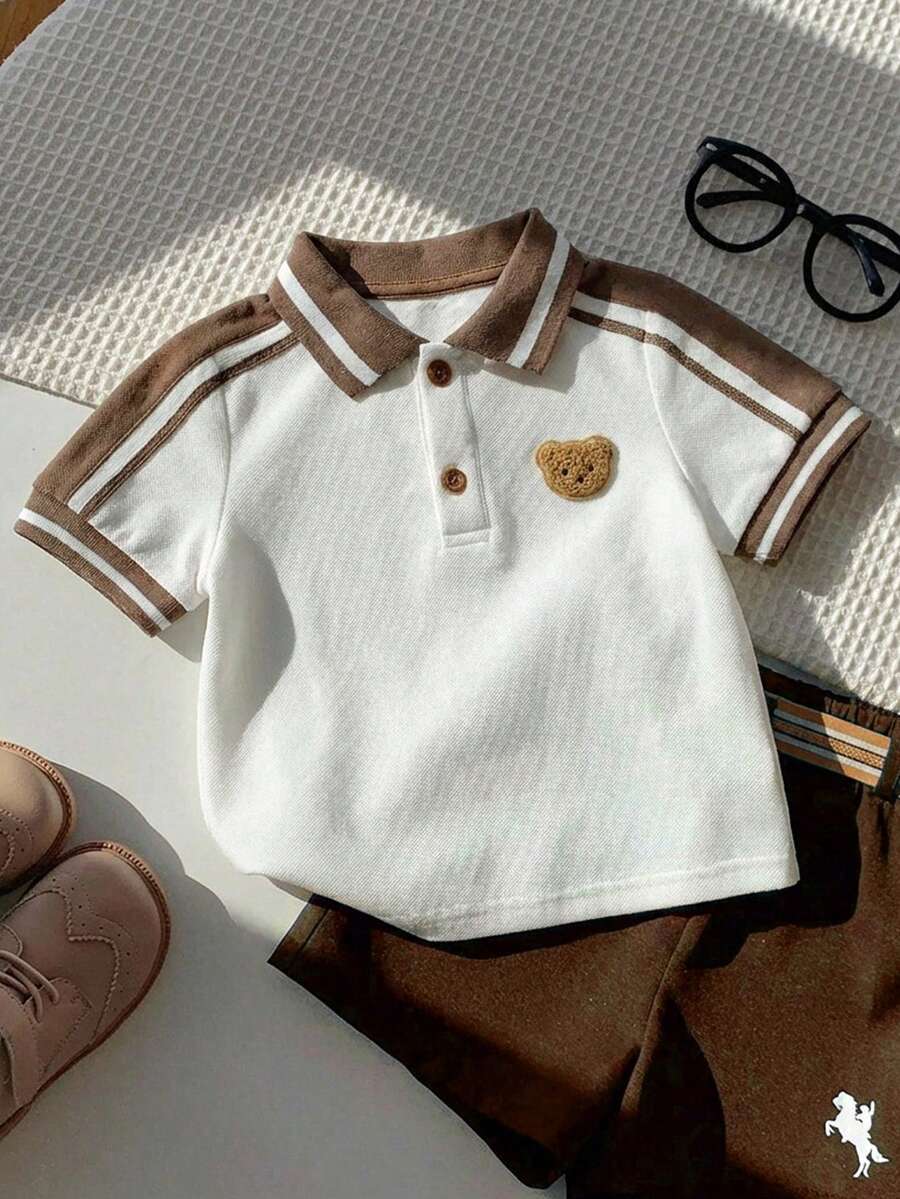 SHEIN Baby Boy Cute Bear Print Short Sleeve Polo Shirt,White Summer Toddler Top Clothes,Vintage Brown Baby Collar Shirt,Back-To-School,Carrer Day,Cute - Khaki - View 1
