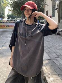 DAZY 女士圆领撞色宽松T恤，街头风图案T恤 - 灰色 - 查看 7