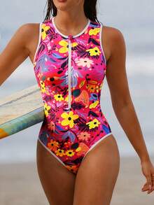 Swim SPRTY 女士亮丽花卉连体泳衣，适合海滩度假 - 玫紅色 - 查看 4