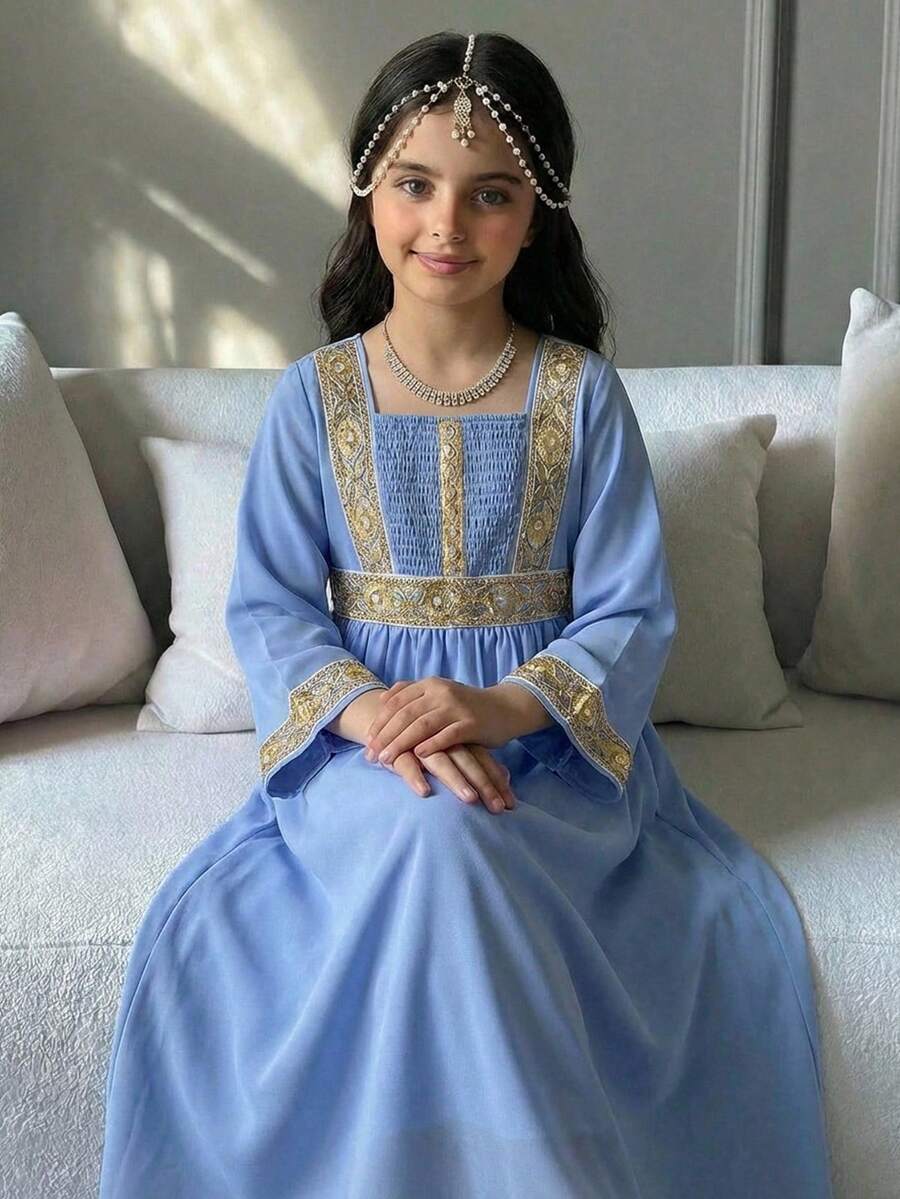 Váy dài tay rộng họa tiết hoa phong cách cung điện cổ điển thanh lịch cho bé gái tuổi mới lớn, màu xanh - Màu xanh lam - Xem 1