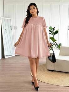 SHEIN Frenchy 大码纯色圆领花瓣袖休闲迷你连衣裙 - 粉色 - 查看 6