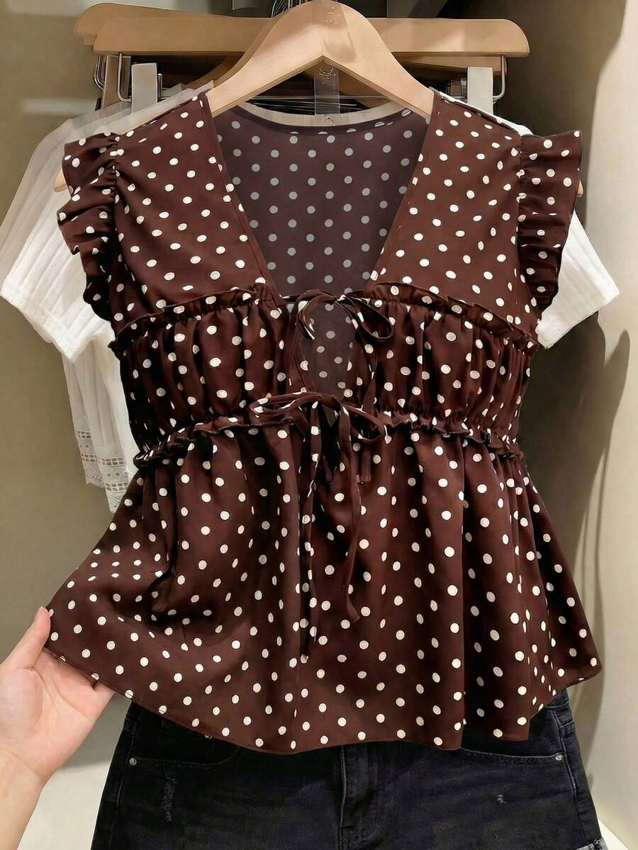 SHEIN Frenchy 大尺碼休閒度假風豹紋雪紡短袖前綁帶上衣 - 咖啡棕 - 查看 1