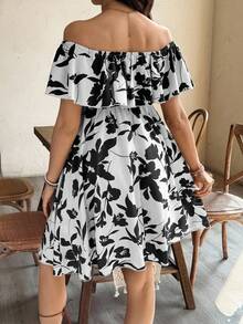 SHEIN Đầm bầu họa tiết hoa, kiểu dáng thường ngày, trễ vai, xếp ly, thích hợp cho kỳ nghỉ hè. - Đen và trắng - Xem 2