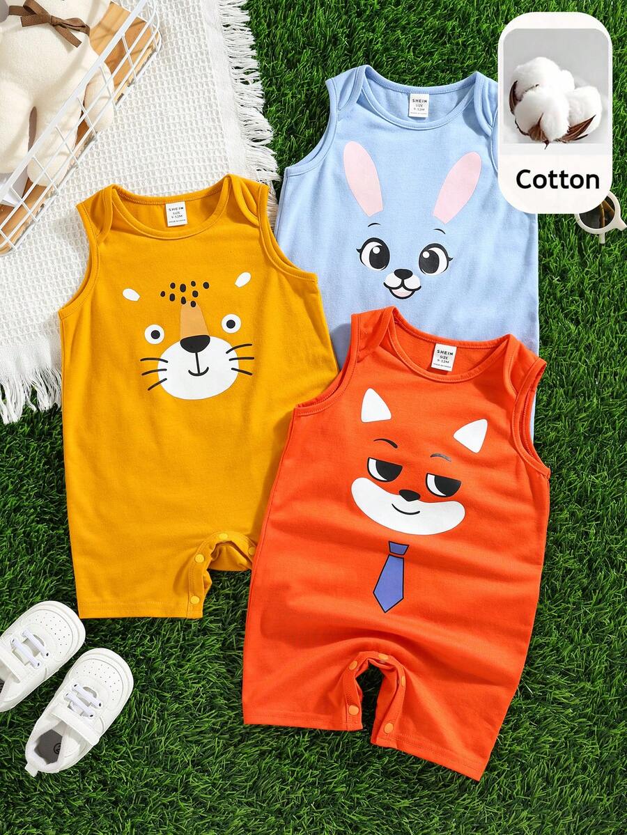 SHEIN 3pcs Newborn Unisex Baby Clothes,Cute Summer Knitted Cartoon Animal Rabbit Fox Pattern Sleeveless Romper,Multi-Color - Multicolor - View 1