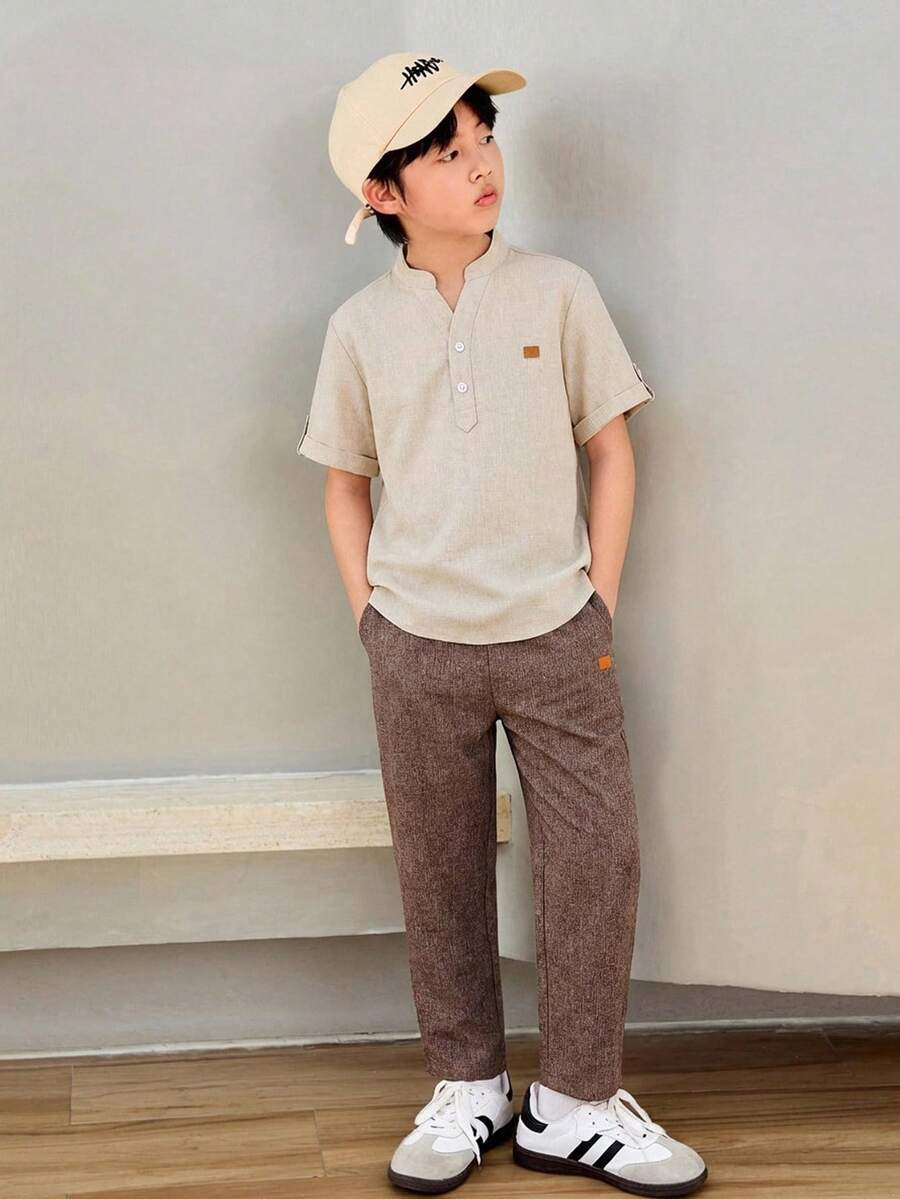 SHEIN Little Byeori 2件組青少年男孩休閒短袖上衣與長褲套裝，適合日常穿著、上學、旅行、運動，適用春、夏、秋季