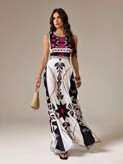 SHEIN Tall 2026 Summer New Music Festival, Easter, St. Patrick's Day, Western, Nomadic, Birthday Party, Graduation, College Style, Student Wear, Daily Casual, Basic Versatile, Leisure, Cruise Travel, Beach, Sunbathing, Viral, Streetwear Plus Size Women's Tropical Rainforest Combination Pattern Placement Retro Print Sleeveless A-Line Maxi Dress ,Summer Dress