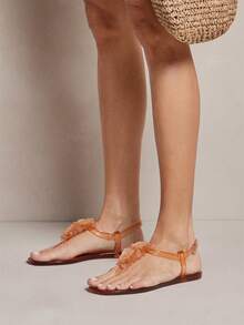 SHUZIA Damen Bequeme Lässig Jelly Flache Sandalen mit Blumen Dekor - Kaffeebraun - Übersicht 2