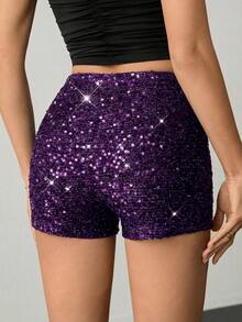 SHEIN Tall Sequin Embellished Slim Fit Shorts, Suitable For Party And Commute Bling Shorts Sequin Shorts Purple Shorts Sparkly Shorts Glitter Shorts High Waisted Shorts Purple Sequin Shorts Women's Sequin Shorts - Purple - View 2