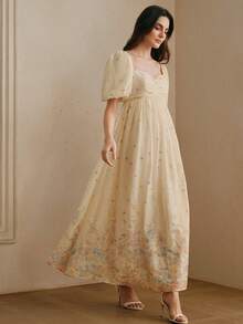 Anewsta Elegant V-Neck Puff Sleeve Embroidered Floral Vacation Dress For Women, Spring/Summer - Apricot - View 6