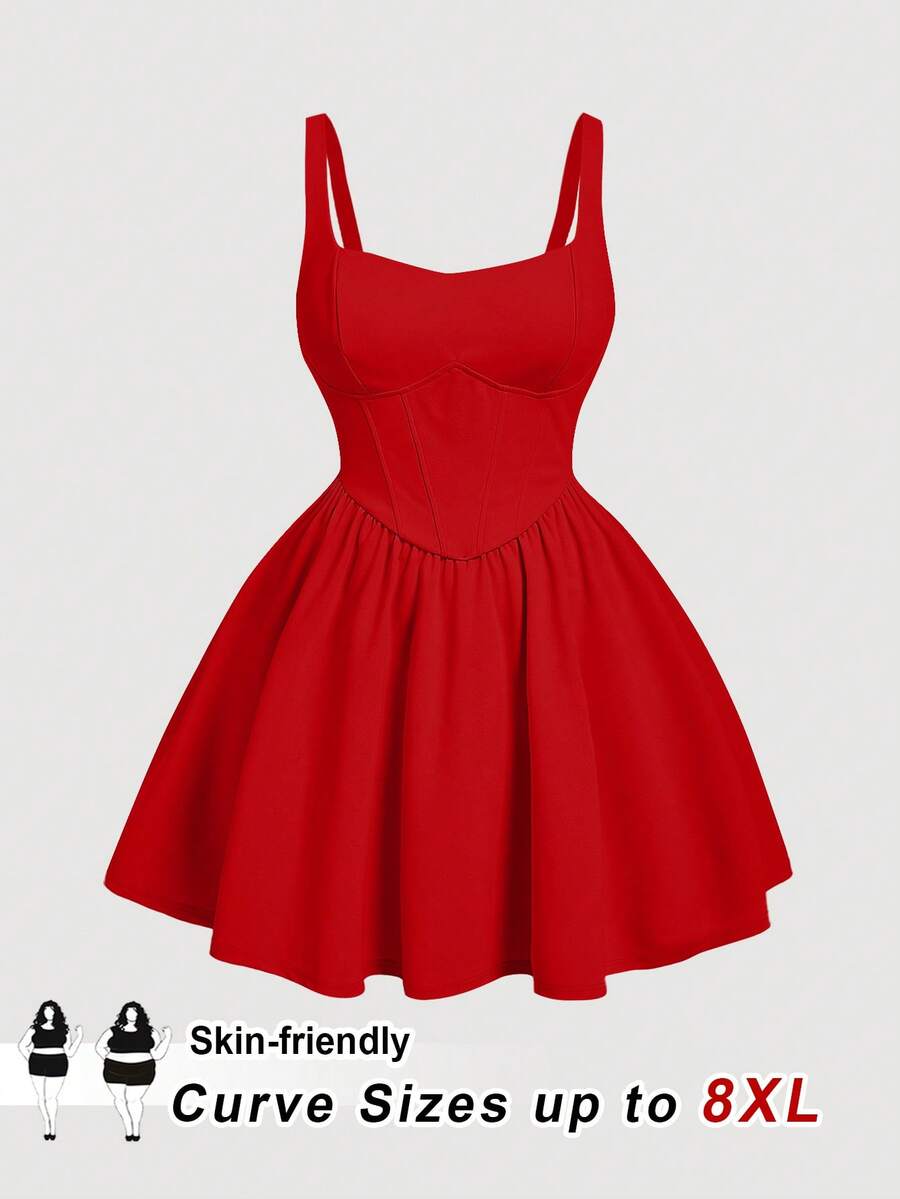 SHEIN CURVE+ CURVE PLUS /Valentine's Day/Plus Size Women's Burgundy Solid Color Bodycon Cami Dress - Red - View 1
