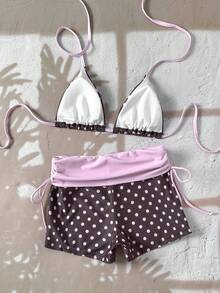 Swim Mod 26SS 春夏度假沙滩可爱黄粉波点三角比基尼上衣和低腰泳裤撞色两件套 - 彩色 - 查看 2