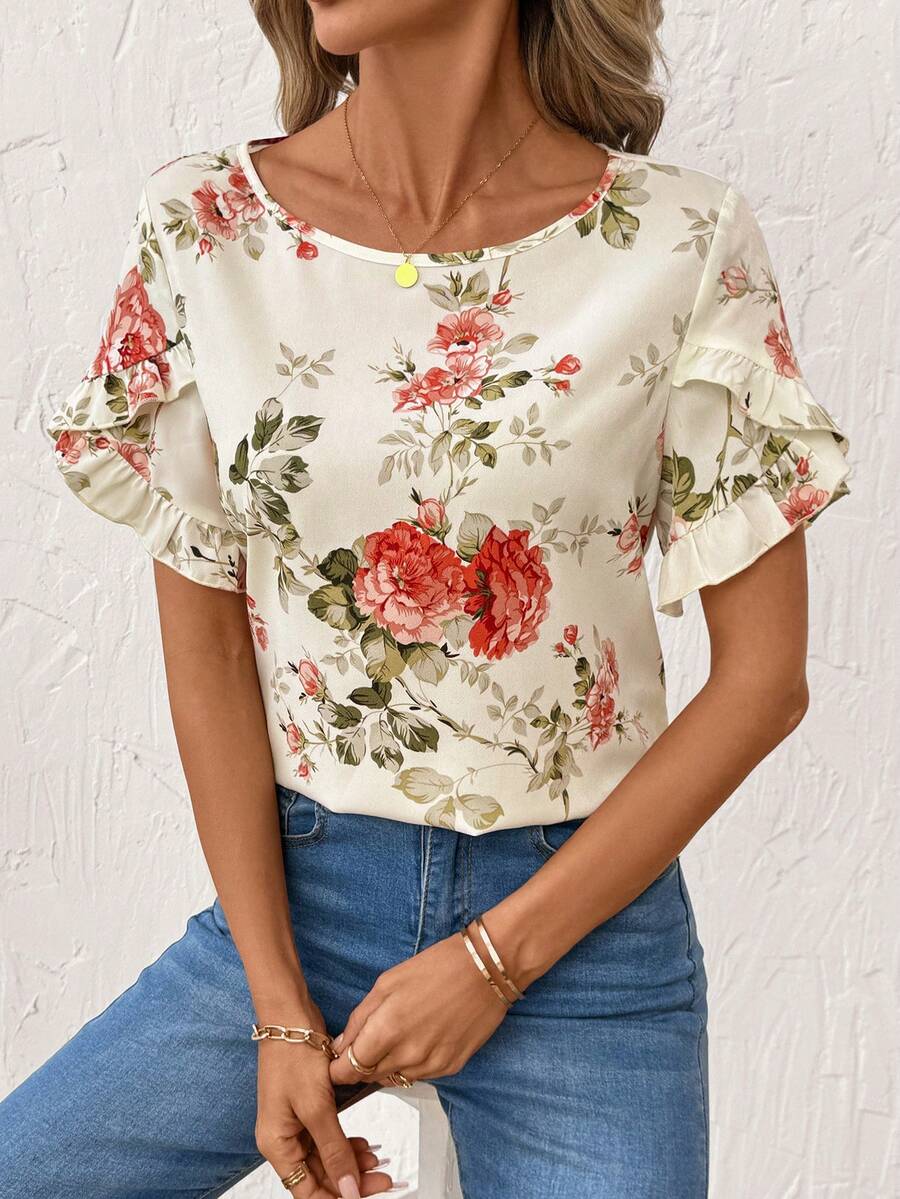 SHEIN Clasi 女士浪漫优雅印花荷叶边花瓣袖衬衫,适合夏季度假 - 彩色 - 查看 1