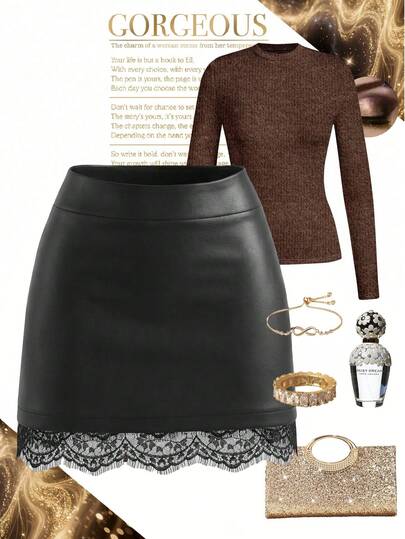 Ellevyn 女士纯色简约蕾丝边饰时尚百搭A字裙，夏季