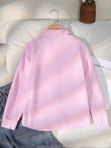 SHEIN Áo sơ mi dài tay cổ đứng in hình nhân vật hoạt hình và chữ cái dành cho bé gái, thích hợp cho đi chơi, đi học, đi làm. - Màu Hồng  San hô - Xem 2