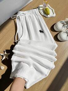 SHEIN EZwear 夏季纯色褶皱纹理面料宽松抽绳腰带休闲度假阔腿裤，大码 - 白色 - 查看 9