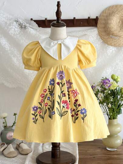 SHEIN LMoss Kids 女童法式优雅花卉印花撞色领花瓣袖连衣裙