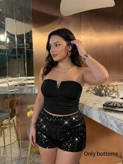 SHEIN MOD Plus Size Black Sequin Embellished Shorts, Suitable For Party, Gathering, Spring/Summer Casual Shorts.Plus Size Black Sequin Shorts High Waist Shiny Finish Slim Fit Stretch Fabric Sleek Silhouette Sparkling Style Soft Lining Eye Catching Details Comfortable Wear Subtle Texture Short Length Elastic Waistband Glamorous Look Lightweight Material Night Out Chic