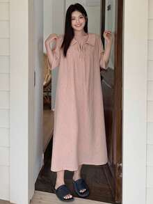 Dazy Plus 可爱波点宽松短袖及膝睡裙，粉色，春夏款 - 粉色 - 查看 9