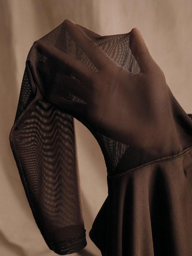 Vintage Brown Jacquard Mesh Long Sleeve Ruched Fitted Bodycon Dress For Women