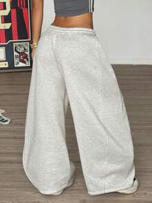 Muchica Grey Knitted Curved Track Pants, Women's Drawstring Waist, Slanted Pockets, Casual Wide-Leg Pants - Grey - View 2