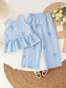 LMoss Kids 2件套女婴条纹花卉图案休闲背心和打底裤套装 - 粉色 - 查看 6