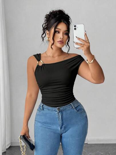 Elenzga Plus Size Asymmetric Collar Fitted T-Shirt, Versatile Casual Top, Spring/Summer