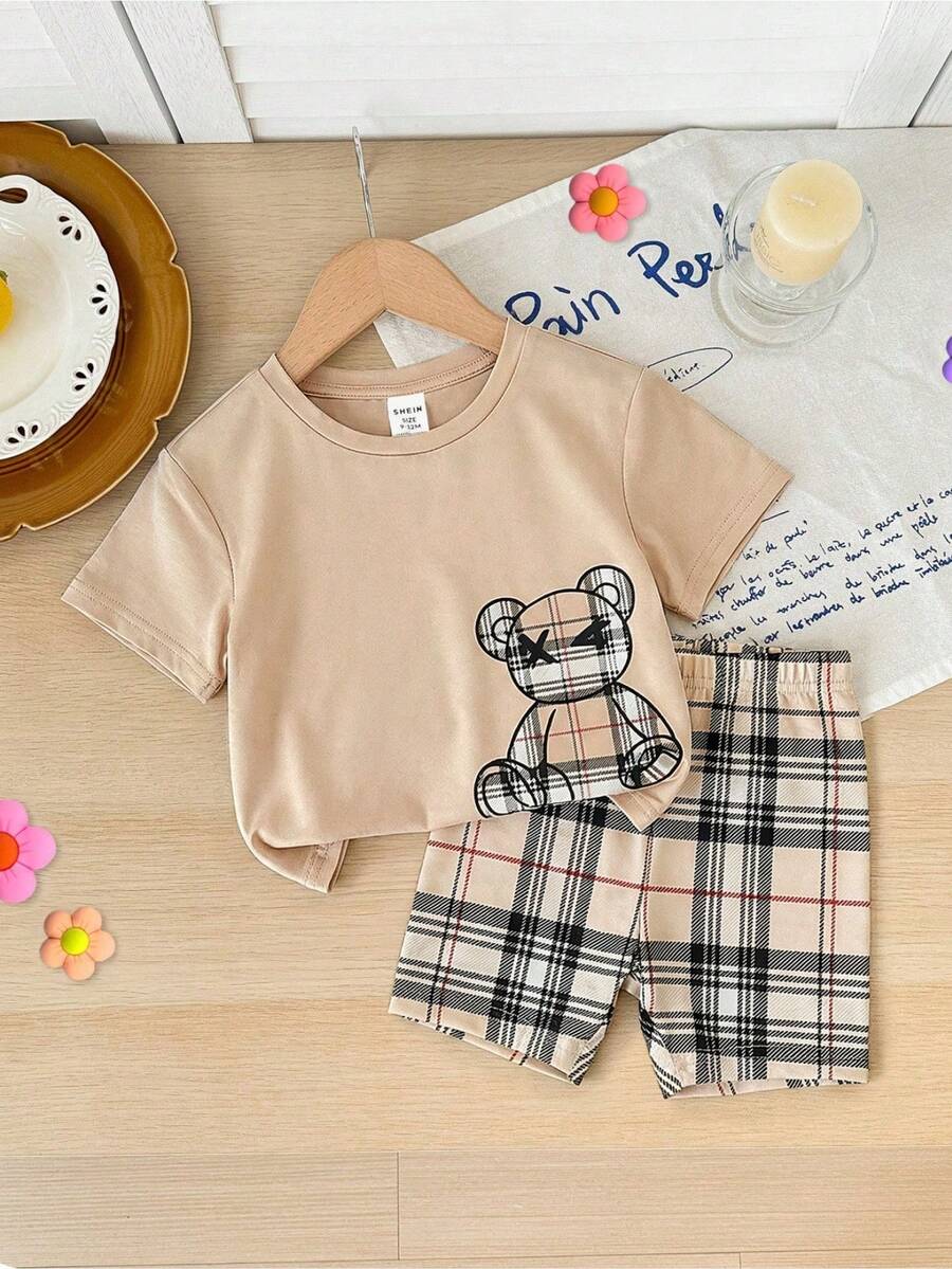 SHEIN Set de tricou și pantaloni scurți cu mânecă scurtă, casual, de vară pentru bebeluși și fetițe, cu imprimeu de ursuleți, stil carouri, casual - Multicolor - Vizualizare 1