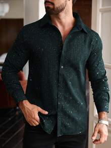 Manfinity AFTRDRK Men's Casual Shiny Button-Front Long Sleeve Shirt, Autumn - Dark Green - View 4