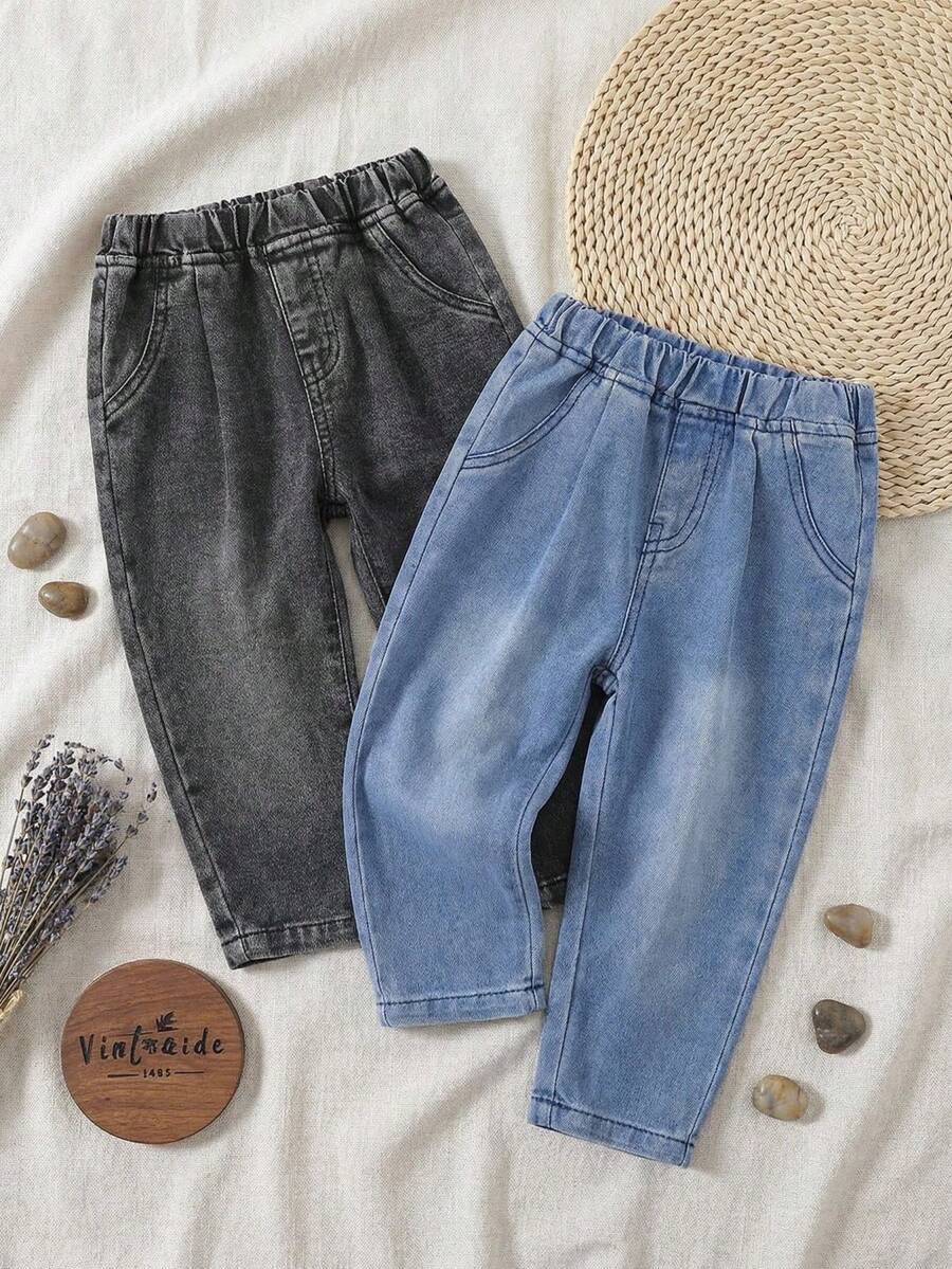 2pcs/Set Baby Boys' Loose Fit Washed Denim Jeans,Grey Summer 2016 Aesthetic Back-To-School,Criss-Cross Pleated Lightweight Soft Toddler Denim Pants - Multicolor - View 1