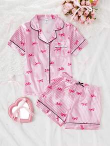 Elladie kids 女孩睡衣套装，蝴蝶结条纹仿丝拼色短袖上衣和短裤，时尚翻领休闲家居服 - 彩色 - 查看 7