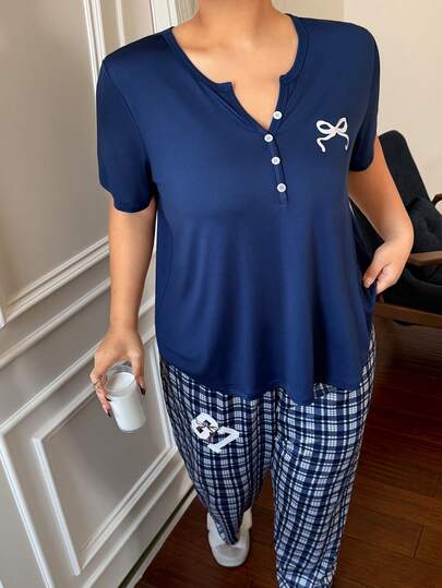 Dream Adore 大码女式休闲V领蝴蝶结印花格子裤睡衣套装，舒适家居服