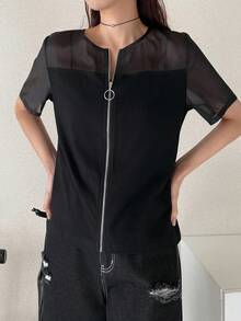 FRIFUL Women's Round Neck Button-Up Chiffon Patchwork Solid Color Blouse - Black - View 3