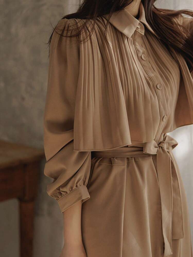 Women's Pleated Shirt Dress, Tie Waist A-Line Long Dress, Slimming And Elegant