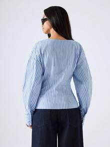 LYSMO Áo sơ mi nữ dài tay dáng ôm, vai rớt, kẻ sọc - Xanh và trắng - Xem 2