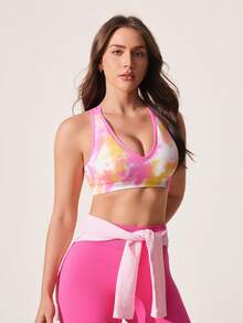 Core Rhythm Áo ngực thể thao không đường may, cổ chữ V, lưng chéo, in họa tiết nhuộm tie-dye - Nhiều màu - Xem 7
