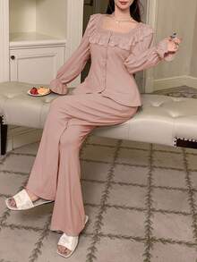 DAZY 2pcs Spring Women Sleepwear Set, Marl Knit Fabric Romantic Lace Trim Cardigan & Straight Leg Long Pants Pajamas - Baby Pink - View 4