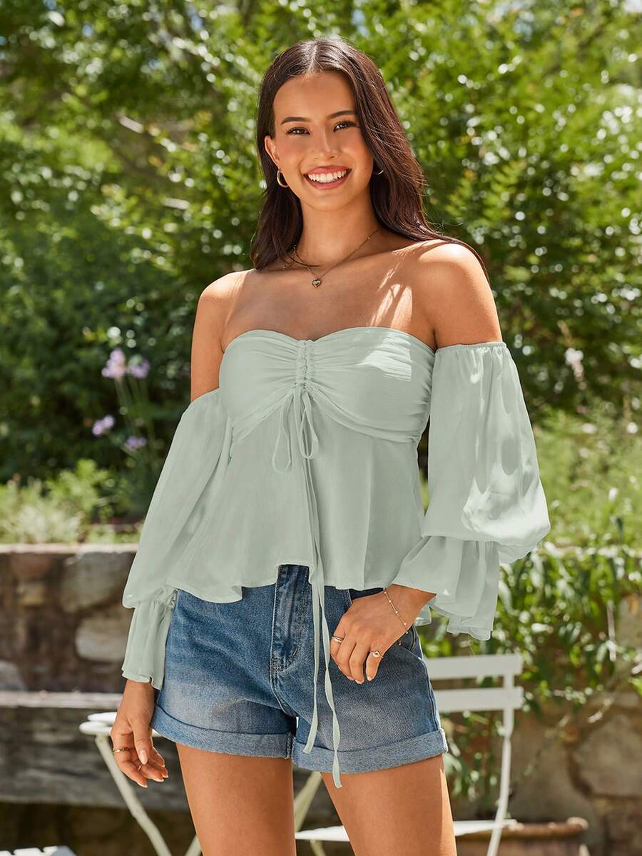 KARISMINA Women's Solid Color Minimalist Tie Front Blouse - Green - View 1